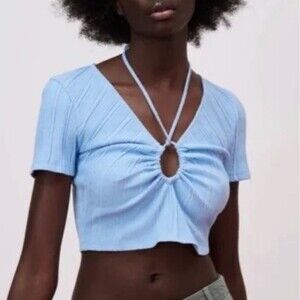 Zara Light Blue Ribbed V-Neck Short Sleeve Crop Top with Front Tie Detail Size L